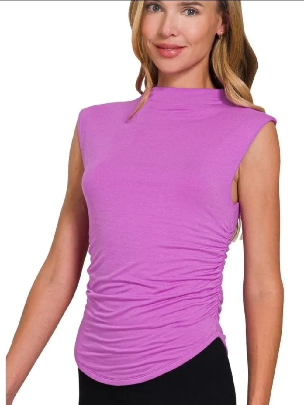 Zenana Mock Neck Ruched Tank Top - Light Mauve - Large
